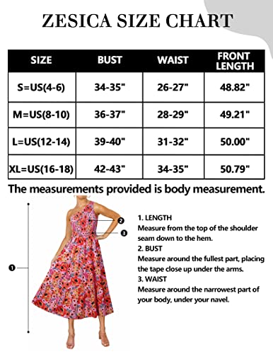 Zesica Women's 2023 Bohemian Summer Floral Print One Shoulder Sleeveless Smocked Ruffle Tiered Beach Long Midi Dress,Brightpink,Medium #TOP3