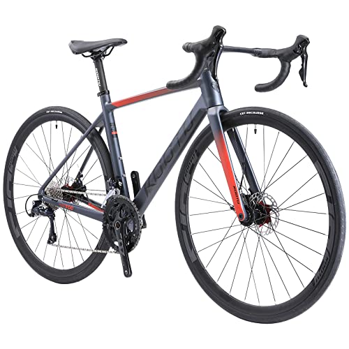 KOOTU Rennrad Carbon, Carbon Rahmen Fahrräder mit Shimano Sora R3000 18 Gänge Kettenschaltung und Scheibenbremse Rennräder 700c Fahrrad für Herren Damen und Jungen (54cm, Grau rot) Cover