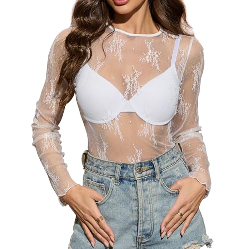 Womens Mesh Sheer Top Lace Long Sleeve Layering Top Crewneck Sexy See Through Long Sleeve Blouse