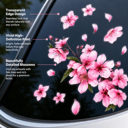 Image of Cherry Blossom Vinyl Car Sticker, Scratch Cover Pink Flower Bumper Decal for Automotive, Motocycle, Home Decor