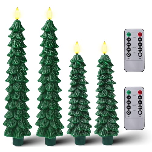CHUANGLI 4 Pcs Christmas Flameless Candles with Remote, Real Wax Flickering LED Candles Xmas Taper Candle Christmas Tree Shaped for Home Décor Christmas Decoration