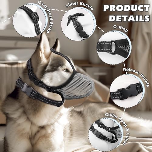 Image of Dog Muzzle,Mesh Soft Muzzle for Small Medium Large Sized Dogs, Breathable Reflective Adjustable Puppy Muzzles with Collar for Scavenging Grooming Biting Chewing,Allows Panting and Drinking(Grey L)