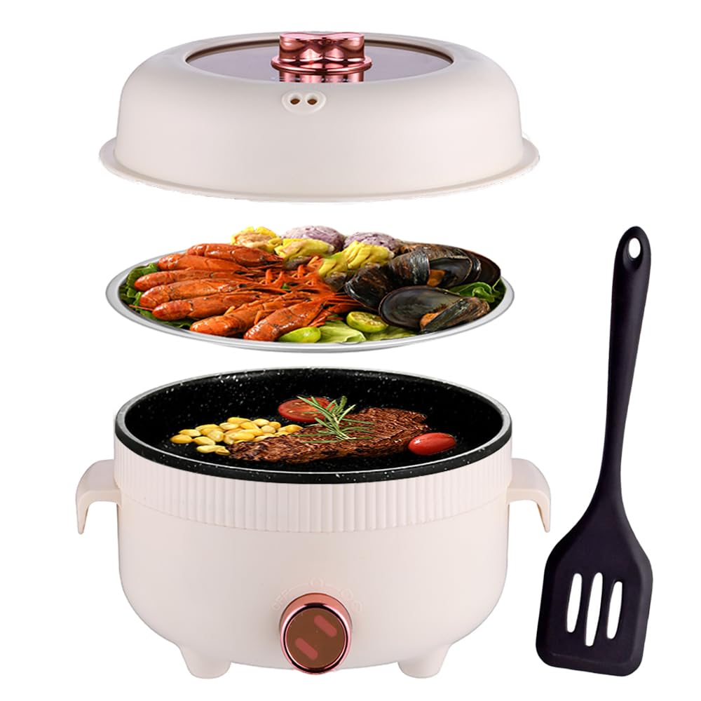 RHD Electric Hot Pot 2.2L with Steamer, Portable Non-Stick Frying Pan, Portable Travel Cooker for Ramen/Steak/Fondue/Soup for Dorm/Camping/Home, Dual Power Control, Over-Heating Protection, Khaki