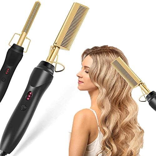 Gold Plated Hot Comb Hair Straightener, Security Portable Heating Comb Anti-Scald Beard Straightener Press Comb Ceramic Comb Curling Iron Heated for Women Wet and Dry Hair