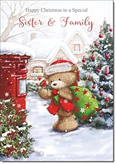 doodlecards Sister & Family Christmas Card Cute Bear at Post Box Medium Size with Plain Red Envelope