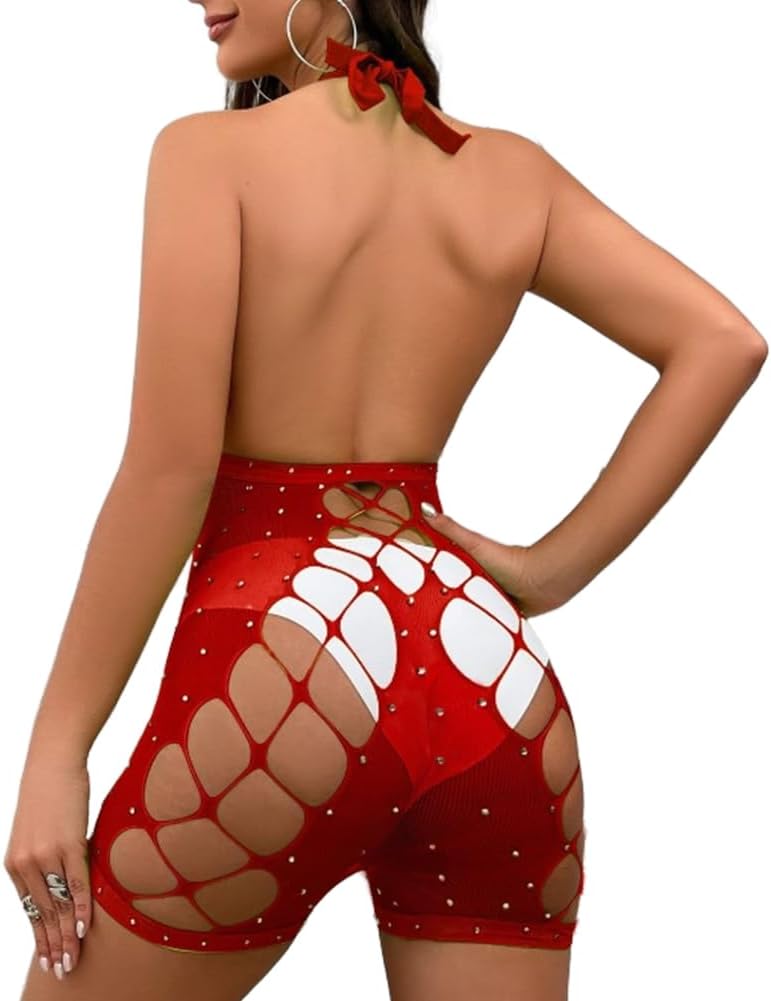 SIQITECHNO Women Sparkle Rhinestone Lingerie Fishnet Bodysuit Sexy See Through Body Suit Cross Neck Mesh Top Rave Outfits - Image 4