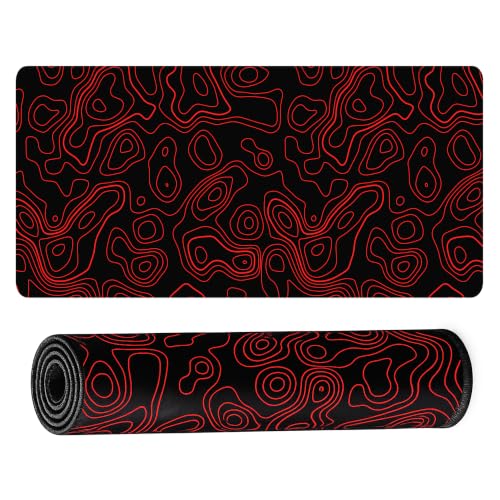 Image of Extended Desk Mat 458 x 915 mm | Premium Abstract Desk Mat with Stitched Edges | 3mm Thick Non-Slip Desk Pad for Gaming, Office & Workstation (Black-Red Topography Abstract)