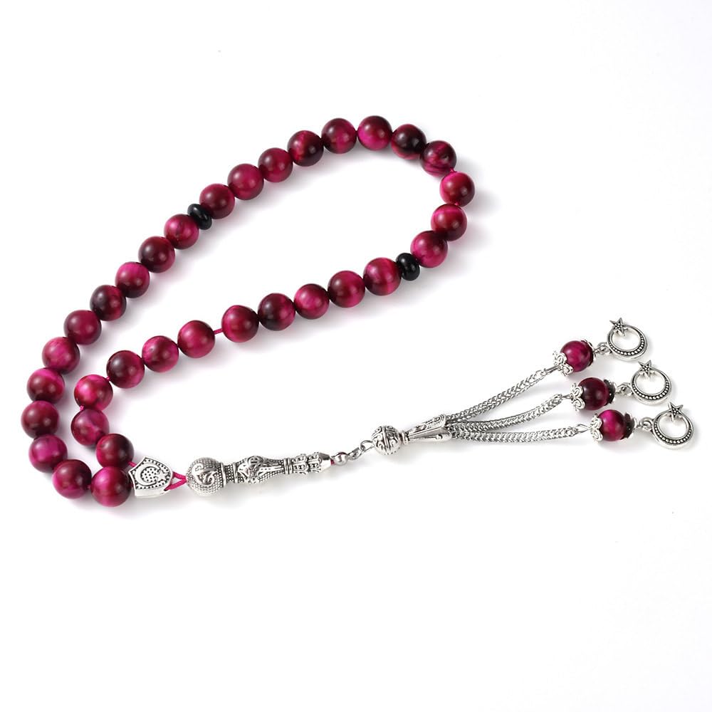 Tasbih koraliki modlitewne 33 różowe tygrysie oko kamień (33 koraliki - 10 mm) - Masbaha muzułmańskie koraliki modlitewne - Tesbih - Zikr, Dhikr Subha - Chapelet - Tasbeeh - islamskie prezenty dla