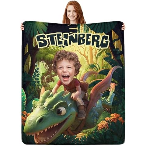 Artsadd Personalized Dinosaur Blanket for Kids Boys Girls, Custom Baby Blanket with Photo Name, Customized Toddler Blanket with Name Personalized Baby Gifts Receiving Blankets for Infant Newborn Cover