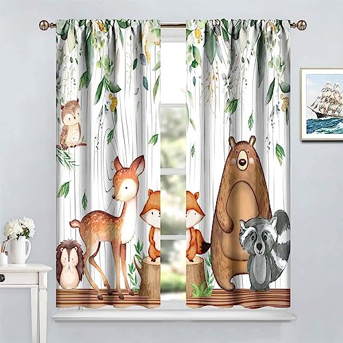 Forest Animal Curtains, Watercolor Wild Animal Bear Fox Deer Kids Window Treatments for Living Room Bedroom,Green Woodland Tree Kids Drapes 2 Panel Sets,55x63 Inch by YCness - Image 4