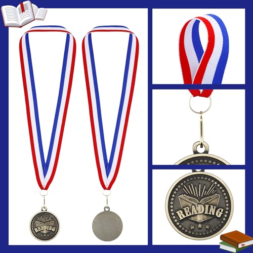 Loetere Medalhas de livro de leitura, medalhas de prêmio de leitura de ouro de 5 cm com fita de pesc