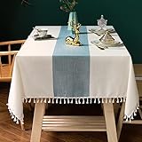 Deep Dream Cotton Linen Table Cloth, Heavy Duty Tablecloths for 6 Foot Rectangle Tables, Waterproof Farmhouse Washable Tablecloth with Tassels for Kitchen Dining Party, 55' X 86', 6-8 Seats, Sky Blue