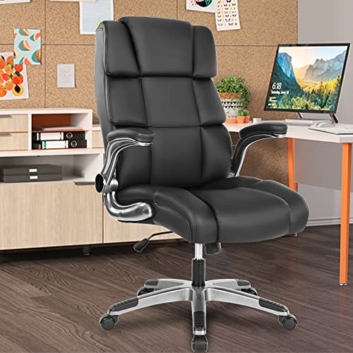 Kcream Ergonomic Office Chair With Flip-Up Armrests, Comfortable Pu Leather Home Office Desk Chair Managerial Executive Chairs With Wheels & Memory Foam Back Support (Black) #TOP10