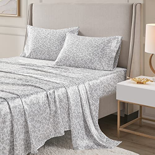 Image of Madison Park Essentials Satin Sheets Twin Size Bed Set, 3 Pcs, Gray Leopard | Luxury and Smooth Silky Bedding with Natural Sheen, All Around Elastic 14 inch Pocket fits up to 16 inch Mattress, Year-Round Cozy
