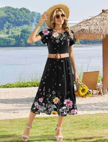Image of Zeagoo Women Summer Midi A Line Dress Short Sleeve Casual Flowy Tiered Beach Long Sundress with Pockets 2026 Vacation Travel