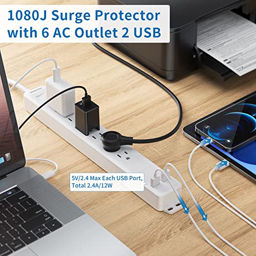 Extension Cord 25 Ft, Power Strip Long Cord, Ntonpower Heavy Duty Surge Protector Power Strip, 6 Outlet 2 Usb,1875W / 15A Circuit Breaker, 1080 Joules, Wall Mount For Office Garage Kitchen Workbench #TOP2