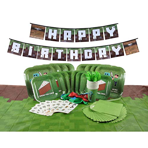 Deluxe Tableware Set for Pixel Mine Crafter Themed Parties with Happy Birthday Banner! (Serves 8) - Birthday Party Supplies - Tablecloth, Plates, Cups, Cutlery, Napkins, Balloons, 8 Bonus Gifts!