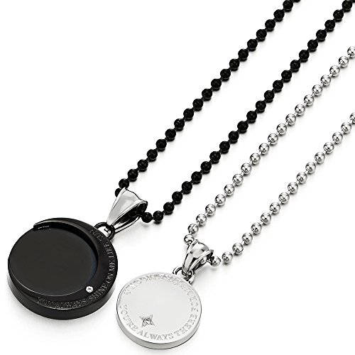 COOLSTEELANDBEYOND A Pair Couples Lovers Steel Moon and Sun Pendant Necklace with Cubic Zirconia for Man Woman Friends4