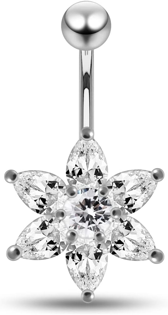 Clear CZ Gemstone Fancy Flower 925 Sterling Silver with Grade 23 Solid Titanium Belly Button Ring