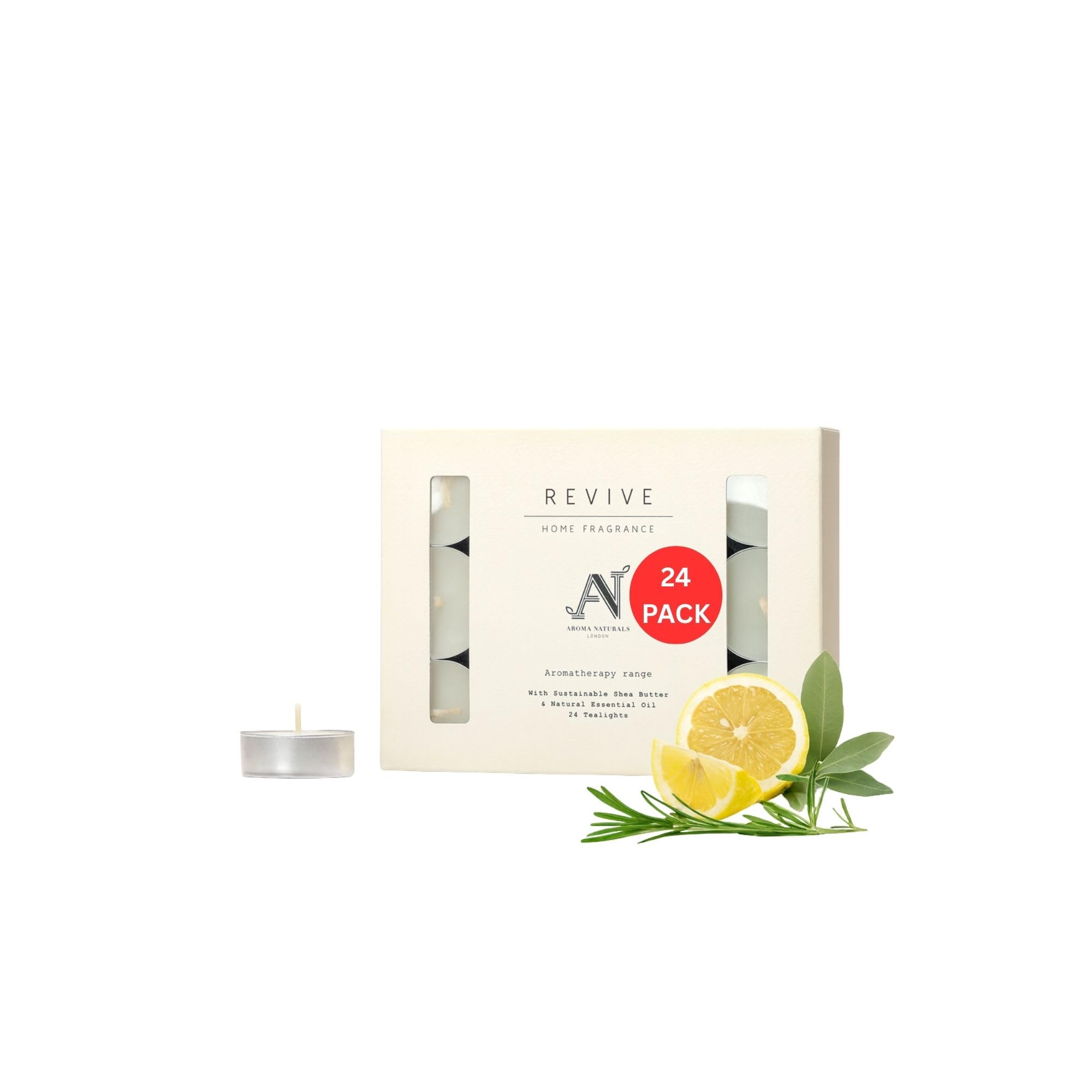 Aroma Naturals White; Aluminium London Aromatherapy Scented Tealights Pack Of 24 Candles | Shea Wax Tea Lights | 4 Hour Burn Time | Standard Size D3.77 X H1.45cm | Refreshing And Soothing Fragrances | (Revive)