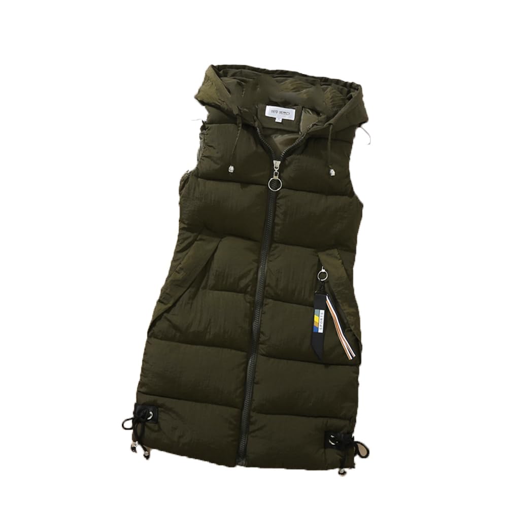 Surwin Women's Armygreen Long Gilet Jacket Hooded, Casual Quilted Vest With Pockets Warmer Zip Up Sleeveless Down Jacket Coat Parka Outwear Waistcoat Winter Wear