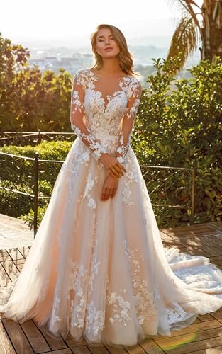 Miao Duo Women's Elegant Lace Beach Wedding Dresses for Bride 2025 with Sleeves Wedding Bridal Gowns YZTS0143