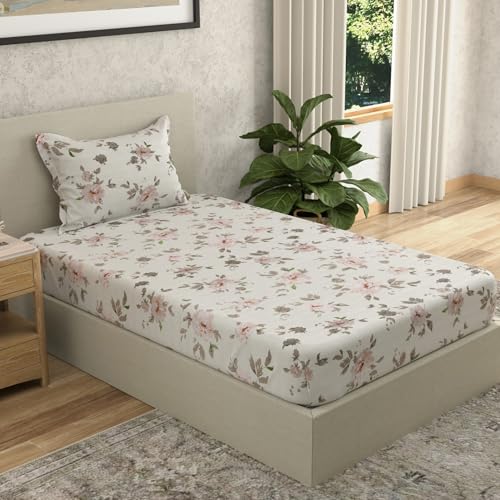 Image of Huesland by Ahmedabad Cotton 144 TC Bedsheet for Single Bed with 1 Pillow Cover | White, Dusty Rose & Dull Brown