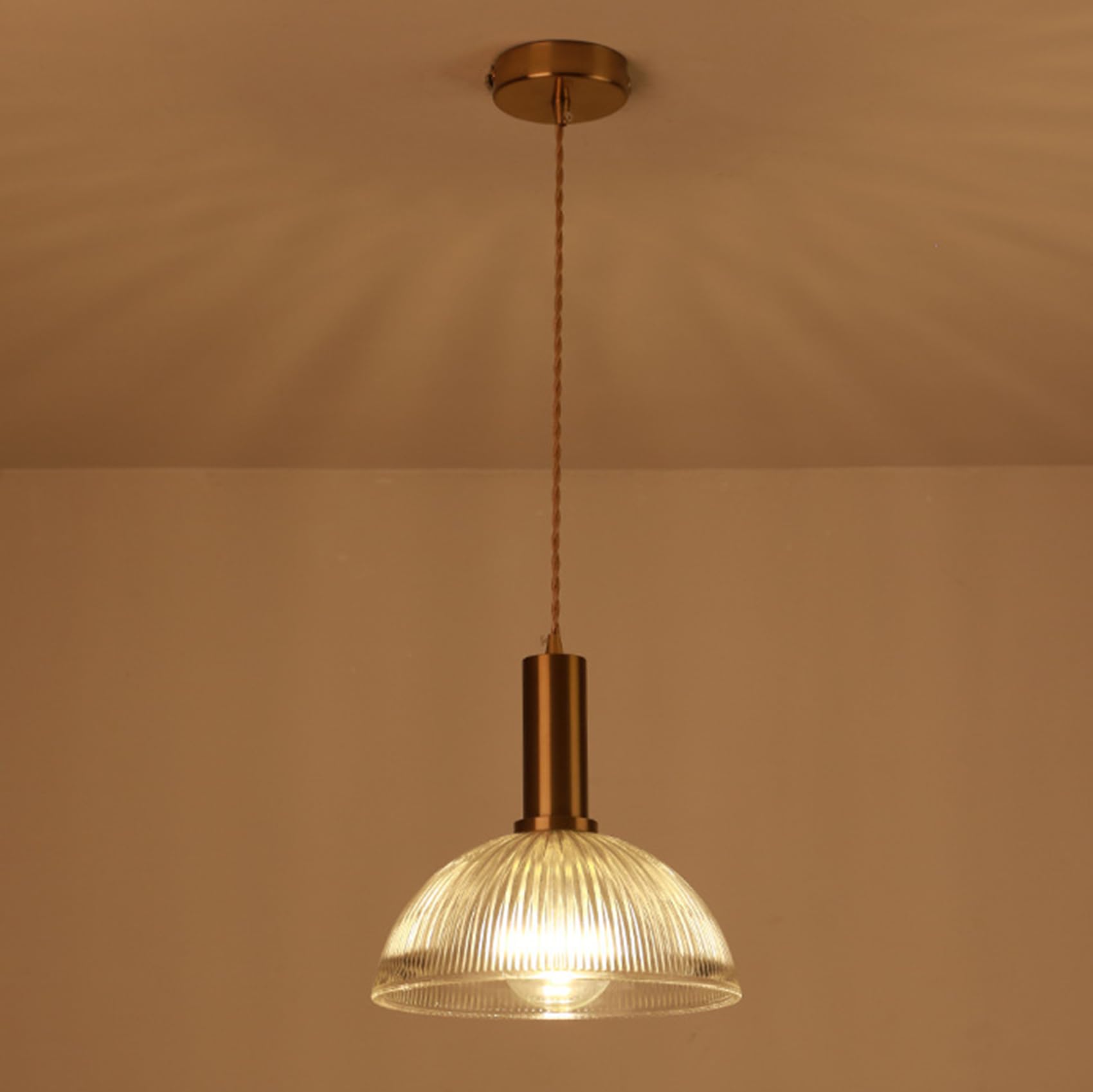 EKSED Lámpara Colgante - Pantalla Colgante de Vidrio Transparente Estriado de 25 cm con Portalámparas E27 Dorado y Cable Trenzado - Lámpara Colgante para Isla de Cocina, Salón (A)