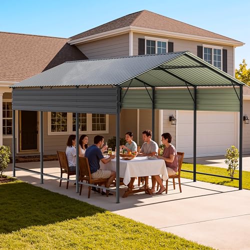 Image of Greesum 10x15FT Metal Carport with Heavy Duty Frame and Galvanized Steel Roof, Vertical Carports with Side Support Rods, Canopy Shelter for Car, Pickup Trucks, Party, Boats, Gray