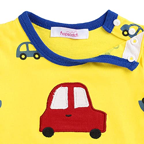 Image of Hopscotch Unisex Cotton Vehicle Print Romper In Yellow Color