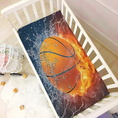 Image of Burning Basketball Crib Sheets Stretchy Portable Sheets for Baby Toddler Breathable Soft Crib Mattress Sheet for Girls Boys