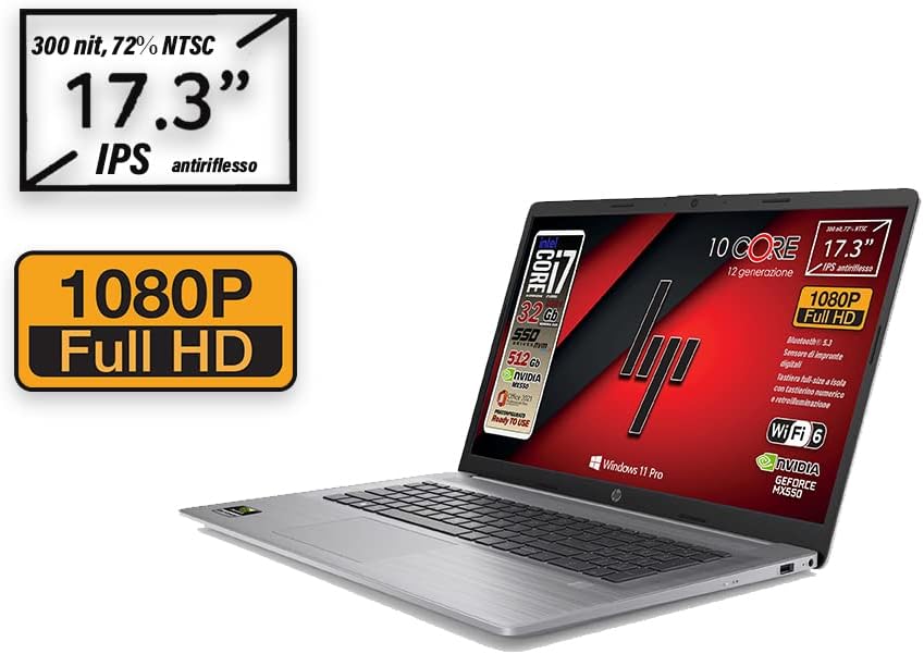 HP 470 G9, notebook, Intel i7 12 Th. 10 Core, RAM 32 Gb, SSD 512 Gb, 17.3 IPS Full HD, Geforce Mx 550 dedicata, wi-fi 6, webcam HD, tastiera retroilluminata, Win 11 Pro, Office Pro, Garanzia Italia