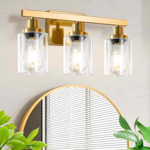 Image of 3 Light Gold Bathroom Light Fixtures, Bathroom Vanity Light Over Mirror, Gold Wall Sconce Vanity Lighting with Clear Glass Shade,Modern Farmhouse Bath Wall Lamp for Mirror Kitchen