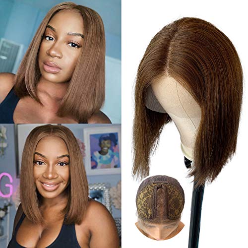 Human Hair Bob Wig Medium Brown T Part 13x4x1" Lace Frontal Short Wigs 14" Pre Plucked Soft Straight Brazilian Hair Bob Cut Wig Full Head 150% Density No Gel Can Be Restyle for Women