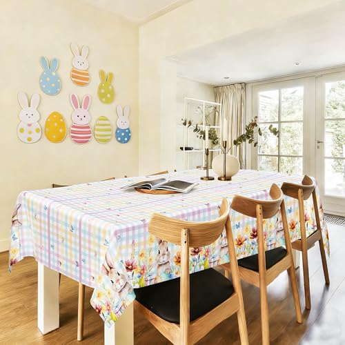 Image of QZYL 2 Pack Easter Tablecloth Disposable, 54 inch x 108 inch Easter Decorations for Table, Plastic Table Cloths with Colorful Eggs Bunny Flower, Rectangular Spring Tablecloths for Party Decorations Supplies