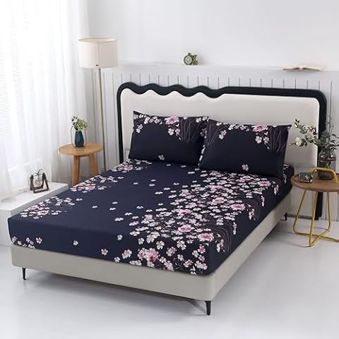 SDIII 3PCS Dark Purple Floral Full Size Bed Sheet Set, 1 Fitted Sheet and 2 Pillowcase, Microfiber Floral Full Bedding Sheet Kids Girls Boys and Teens Cover