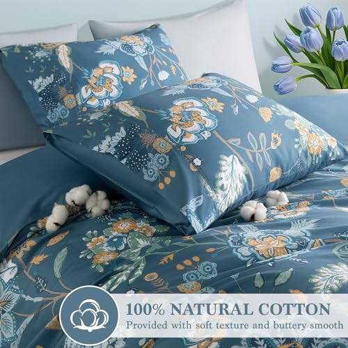 Shilucheng 100% Cotton Floral Duvet Cover King Size - 600 Thread Count, Breathable & Cooling Comforter Cover with Zipper Closure,Hotel Bedding Duvet Covers 3 Piece (Navy Blue)