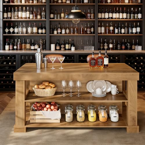 Image of Tribesigns Kitchen Island with Storage, 55-Inch Farmhouse Stationary Island Table with Large Countertop, 3-Tier Wooden Coffee Bar Table for Kitchen, Dining Room, Rustic Brown