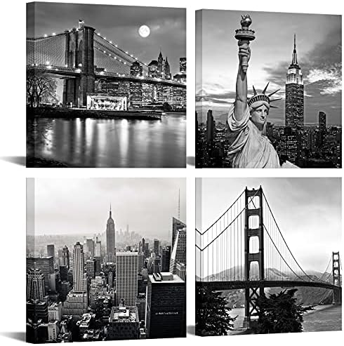 Live Art Decor - Modern Black and White New York Wall Art Brooklyn Bridge Empire State Building Golden Gate Bridge Statue of Liberty Picture on Canvas Print Painting Wall Decoration Framed