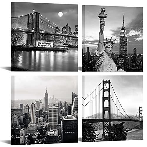LevvArts Black and White City Wall Art Modern Brooklyn Bridge Picture Prints US Cityscape Canvas Artwork for Bedroom Home Decor