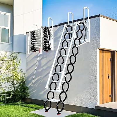 Attic Ladder Pull Down System, Wall Mounted Folding Attic Stairs, Titanium Magnesium Aluminum Alloy Telescoping Attic Ladder Loft Ladder with Armrests,Suitable for 9-9.8ft Walls, Load 1322 lbs (black)