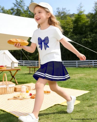 Image of Betusline Girls Skirt Set JK School Uniform 2-Piece Outfit - Short Sleeve & Webbing Solid Skirt,Bow Navy Blue,4-5T = Tag 120