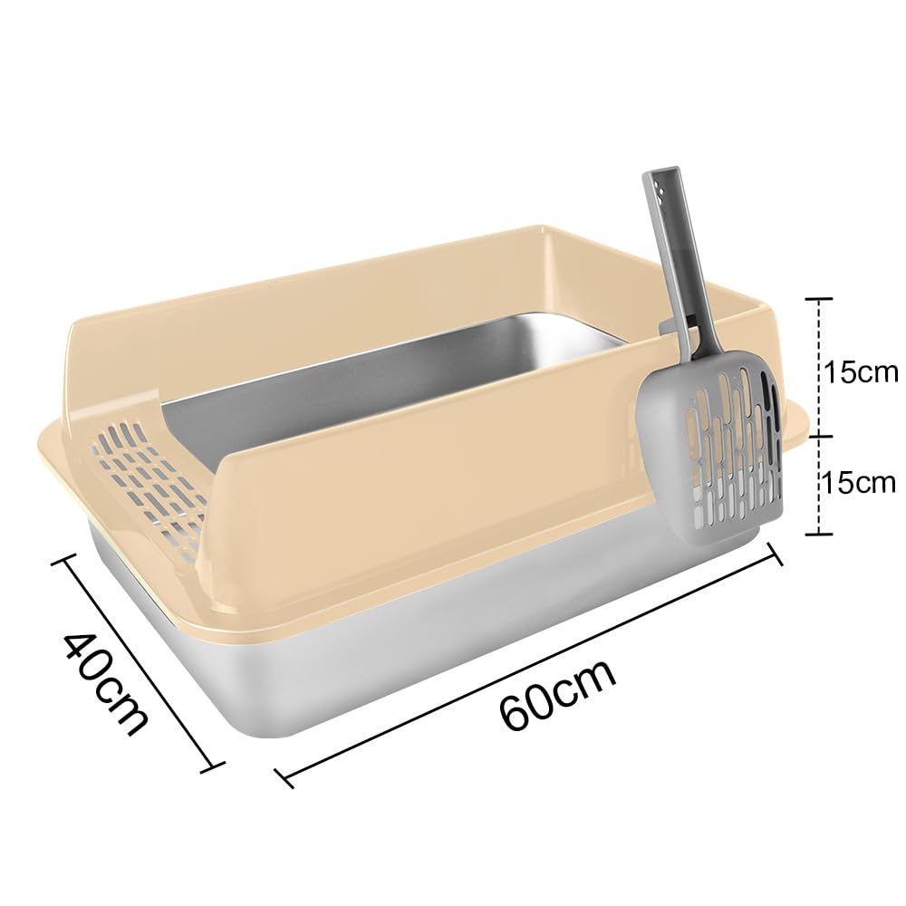 Bac Litière INOX XXL, Grande Litière pour Chat Bord Haut 30cm Anti-Projection, Toilette Chat Métal Ouverte avec Pelle et Pédale, Facile à Nettoyer, Kaki (60x40x30cm)