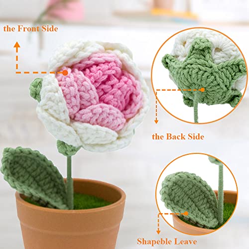 Crocichi Crochet Pink Rose Potted Plants Knitted Flowers Potted Plant Artificial Flowers Fake Handmade Kintting Pink Rose Room Decor Desk Decor Table Centerpiece Decor Shelf Decor Office Decor #TOP4