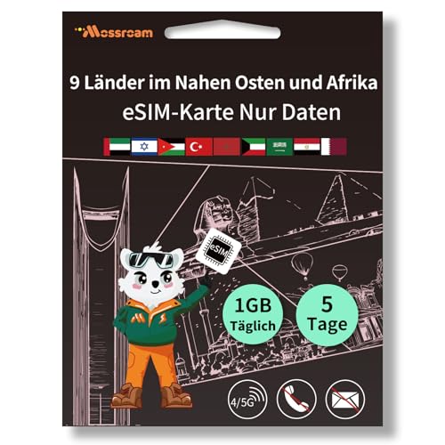 eSIM-Karte für 9 Länder im Nahen Osten und Afrika – Prepaid-Datentarife | 1 GB Daten täglich, 5 Tage | Keine physische SIM-Karte erforderlich | Sofortige Aktivierung