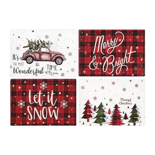 Folkulture Christmas Placemats Set of 4 for Christmas Decorations, 13x19 Inches Cotton Cloth Buffalo Plaid Place Mats or Holiday Table Mats, Winter Woven Red Placemats for Boho Décor Farmhouse Style