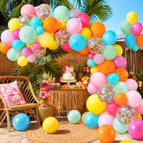 Image of HILAVO Rainbow Balloons 12 Inch 55 Pcs Multicolor Colorful Balloon Hot Pink Orange Teal Blue Yellow Green Confetti Latex Ballons for Summer Hawaiian Birthday Wedding Baby Shower Engagement Party Decor