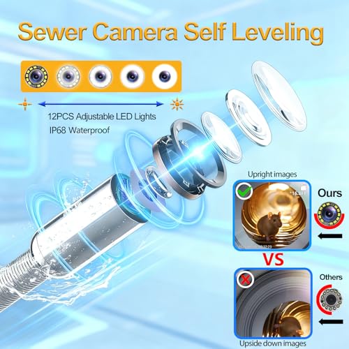 Cámara de Alcantarillado con Localizador, Auto Nivelación, Cable de 164FT/7MM, Mango Retráctil, Cámara de Inspección de Drenaje IPS de 9'' con DVR, IP68 Serpiente de Plomería con 12 Luces para Hogar, Inspección de Tuberías y Ductos miniatura 3