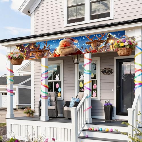 Image of Santa and Reindeer Outdoor Banner 78.7 x 17.7 Inch Jolly Santa with Gifts and Reindeer Festive Winter Scene Holiday Decoration for Yard Garden Porch Fence or Patio Display