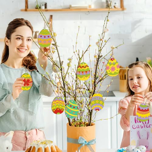 24 Stück Holzanhänger Ostern Basteln Kinde, DIY Unvollendete Ostereier zum Holz Anhänger für Kinder Ostereier